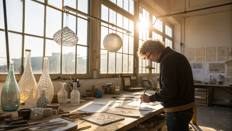 A designer analyzing glass prototypes in a bright workshop.