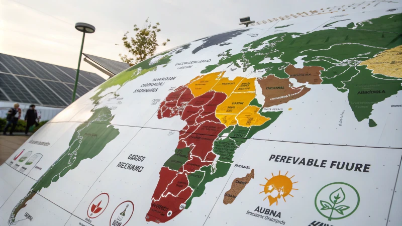 A colorful world map highlighting sustainability practices in different regions.