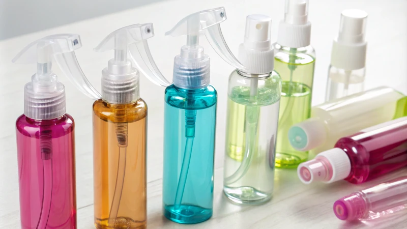 Aesthetic arrangement of various cosmetic sprayers on a white background