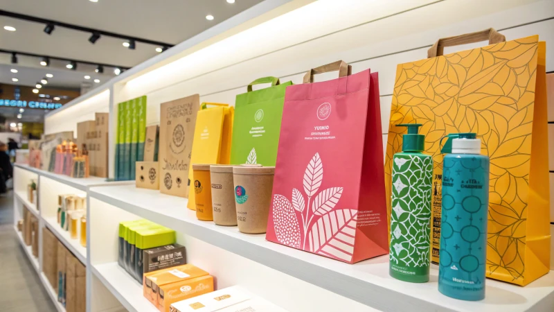 Display of diverse eco-friendly product packaging designs on a shelf