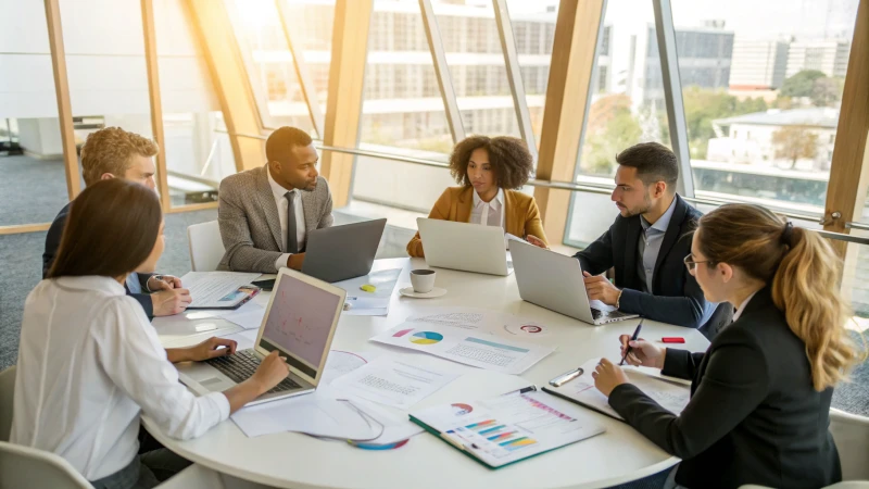 A diverse group of professionals engaged in a discussion