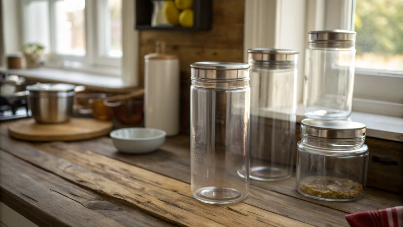 Close-up of double-walled glass jars on a wooden countertop