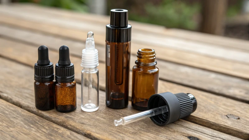 Close-up of dropper and roll-on packaging samples on a wooden table