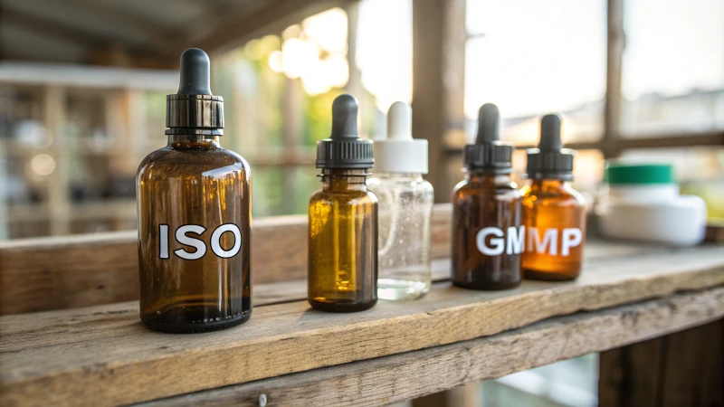 A display of dropper bottles on a wooden shelf with quality certification labels