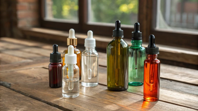 Assortment of dropper bottles on a rustic wooden table