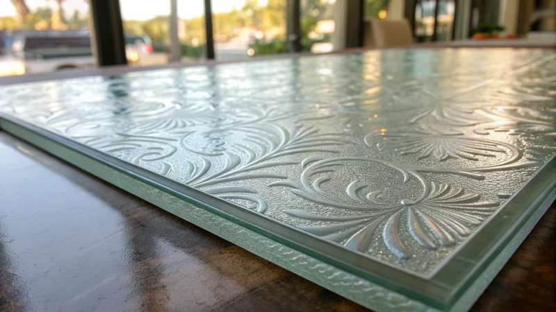 Close-up view of a glossy glass panel with intricate textures