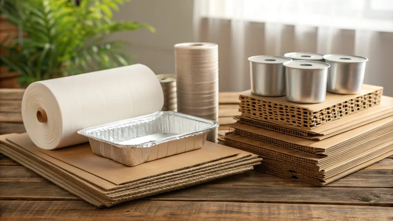 Display of durable packaging materials on a rustic table