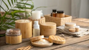 Eco-friendly cosmetic packaging display on a wooden table