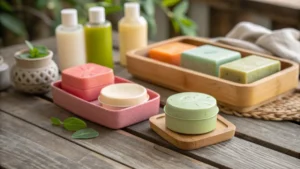 Close-up of eco-friendly cosmetic packaging on a wooden table