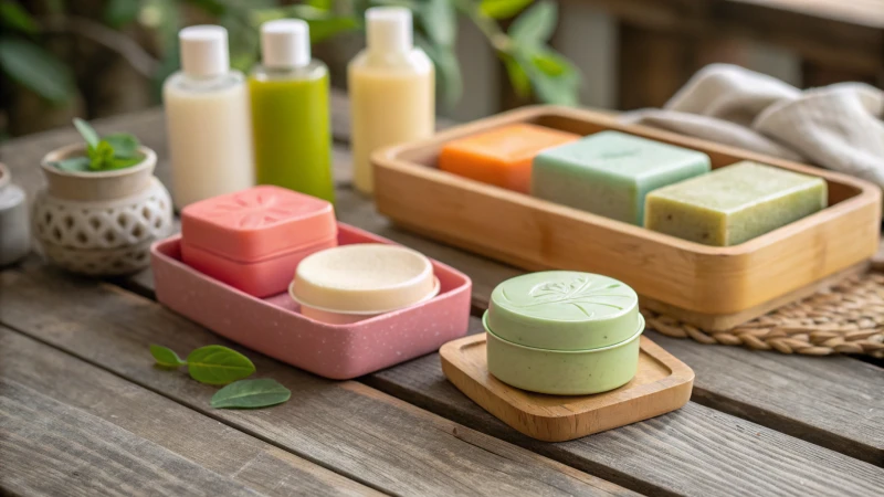 Close-up of eco-friendly cosmetic packaging on a wooden table