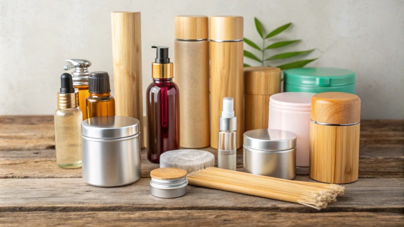 Eco-friendly cosmetic packaging materials arranged on a wooden surface