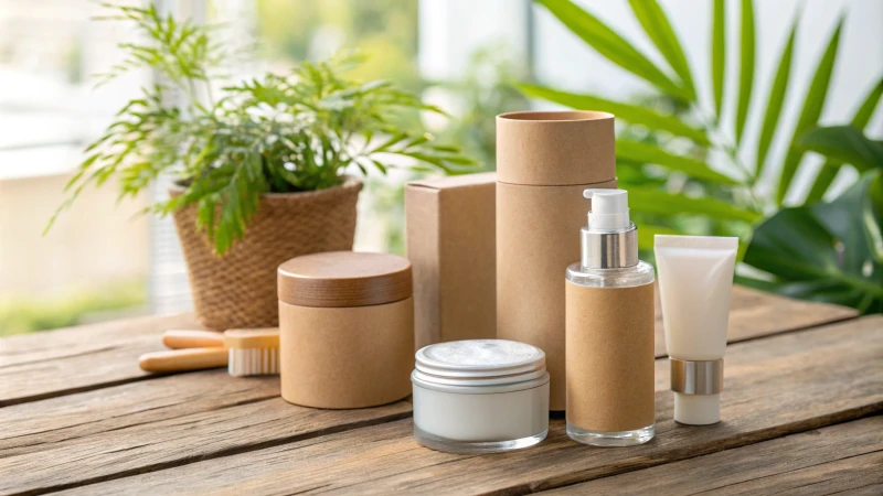 Display of eco-friendly cosmetic packaging designs on a wooden table