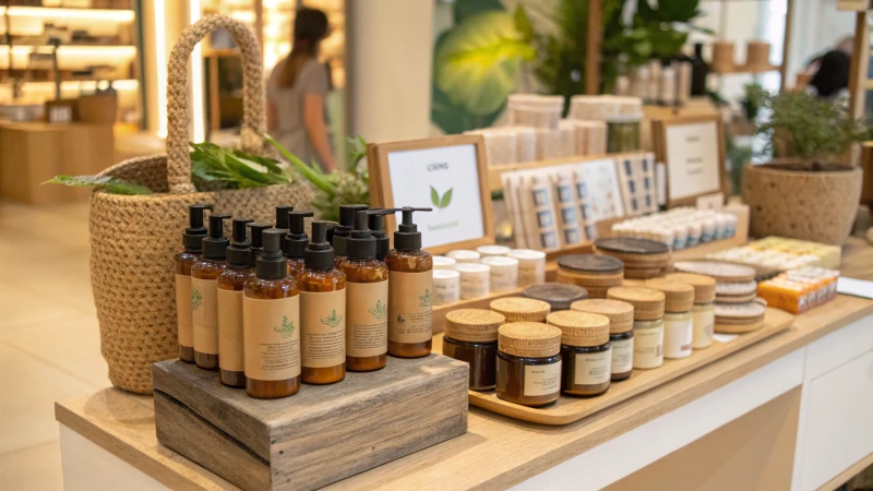 Display of eco-friendly cosmetic products in a retail store