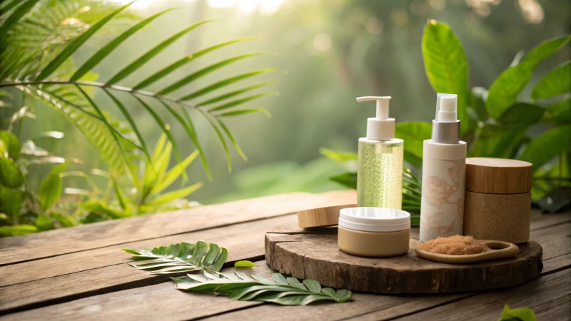 Eco-friendly cosmetic products displayed on a wooden table with plants