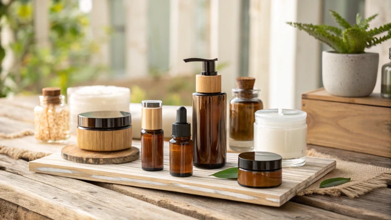 Eco-friendly glass cosmetic packaging on a wooden surface