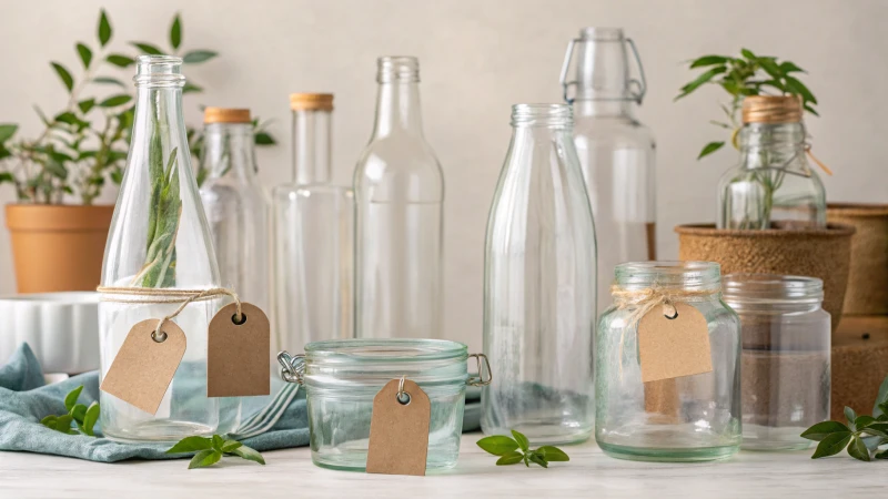 A collection of eco-friendly glass packaging designs including bottles and jars on a neutral background.