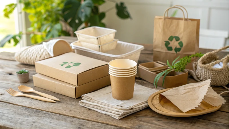 A collection of eco-friendly packaging materials on a wooden table