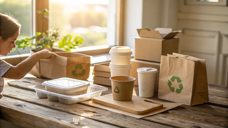 A display of eco-friendly packaging materials with a child's hand reaching towards them.