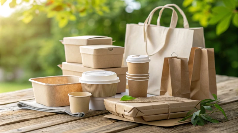 An arrangement of eco-friendly packaging on a wooden table