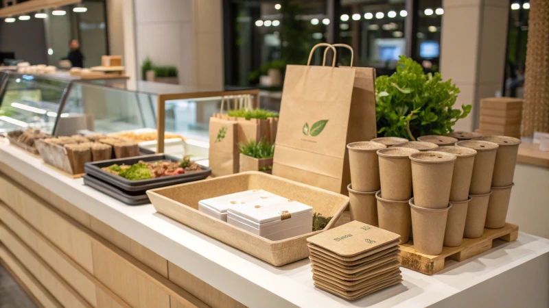 A display of eco-friendly packaging solutions including boxes and bags.