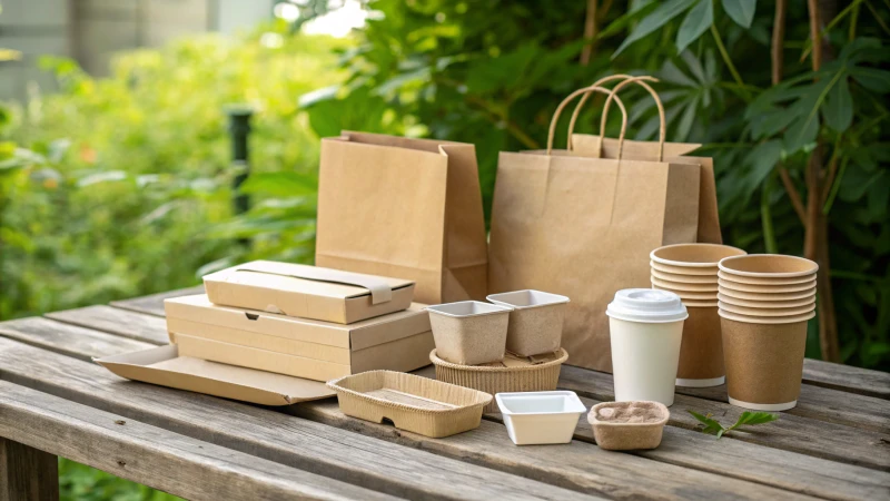 A display of eco-friendly packaging solutions on a wooden table