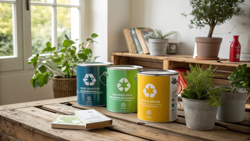 Eco-friendly paint cans on a rustic wooden table with plants