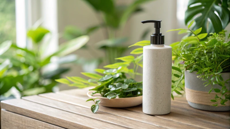 Modern biodegradable pump bottle on a wooden table