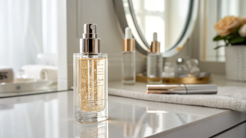 Elegant transparent cosmetic bottle with a silver pump on a reflective surface