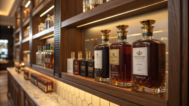 An elegant arrangement of luxury bottles on a wooden shelf with warm lighting.