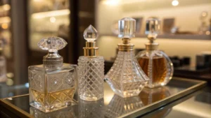 Close-up of elegant crystal perfume bottles on a reflective surface