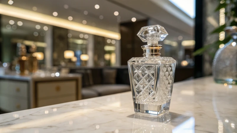 A sleek glass fragrance bottle with intricate detailing on a polished marble surface.