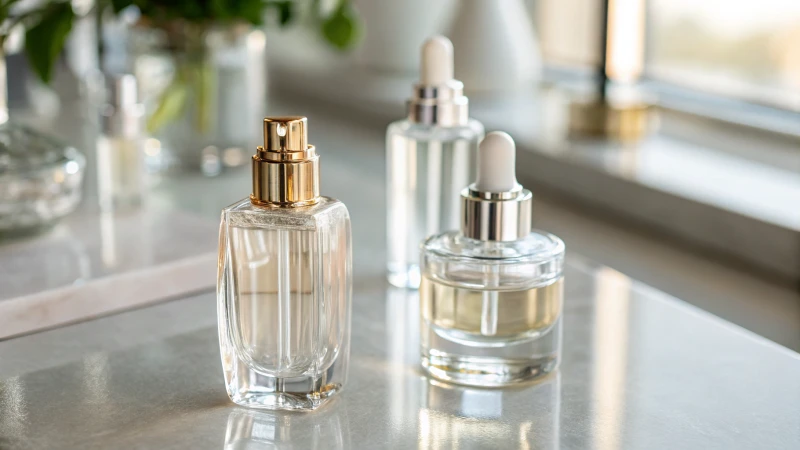 Close-up of elegant glass cosmetic bottles on a reflective surface