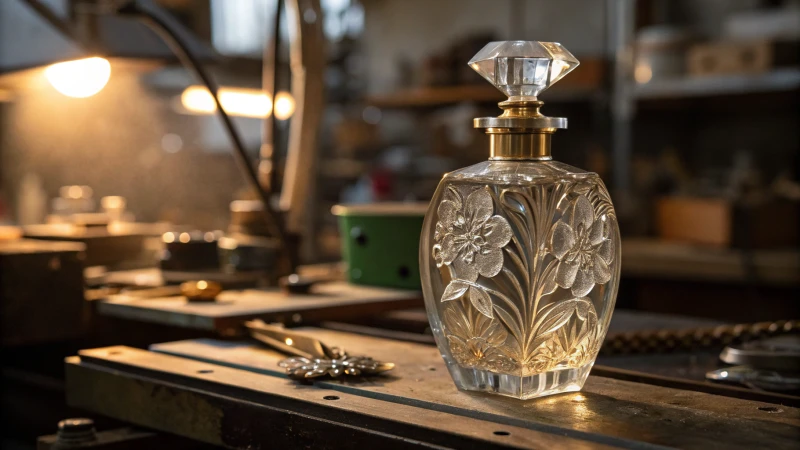 An elegant glass perfume bottle with floral designs