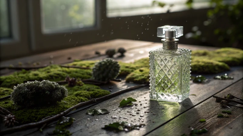 A glass perfume bottle surrounded by green mold spores on a wooden surface