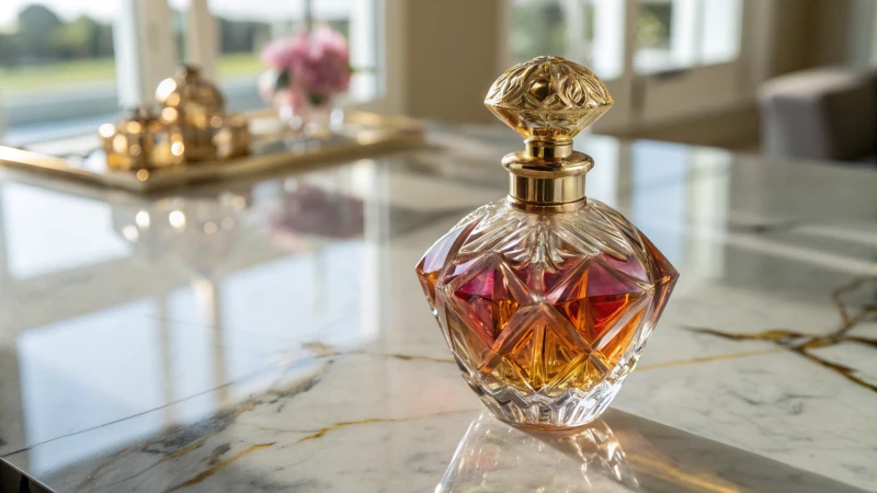 Close-up of an elegant glass perfume bottle on marble