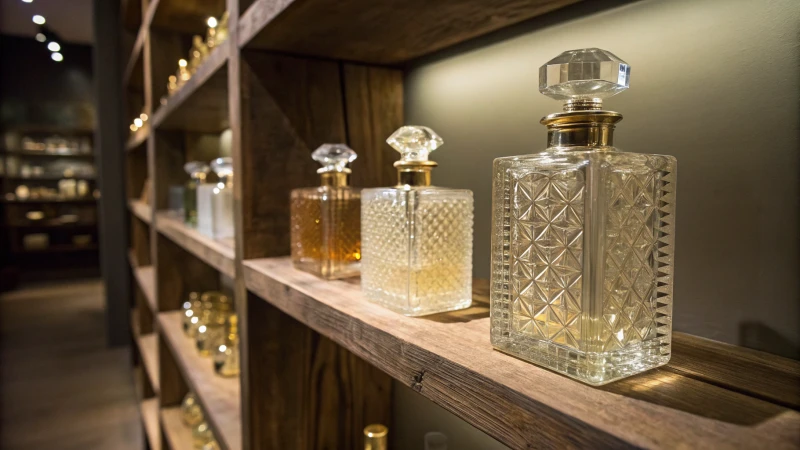 Elegant glass perfume bottles on a wooden shelf