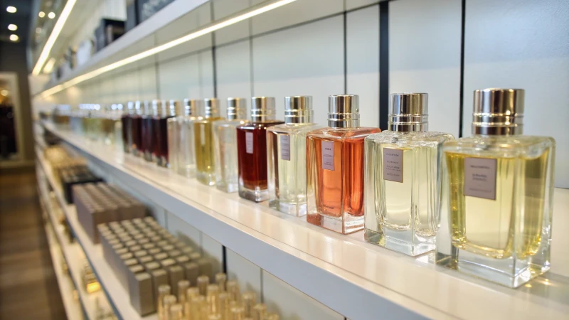 A shelf filled with elegant perfume bottles in a softly lit space.