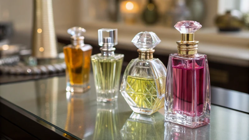 A collection of elegant perfume bottles on a reflective surface