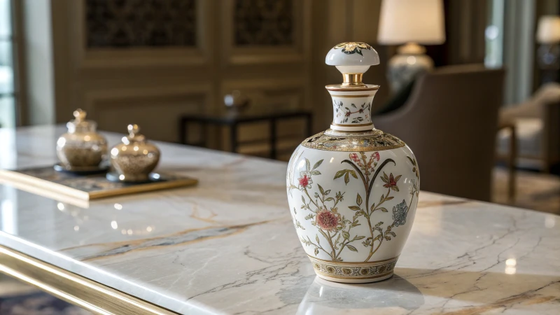 A photorealistic porcelain perfume bottle with floral patterns on a marble table