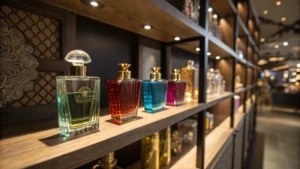 A wooden shelf displaying various unique perfume bottles in soft lighting.