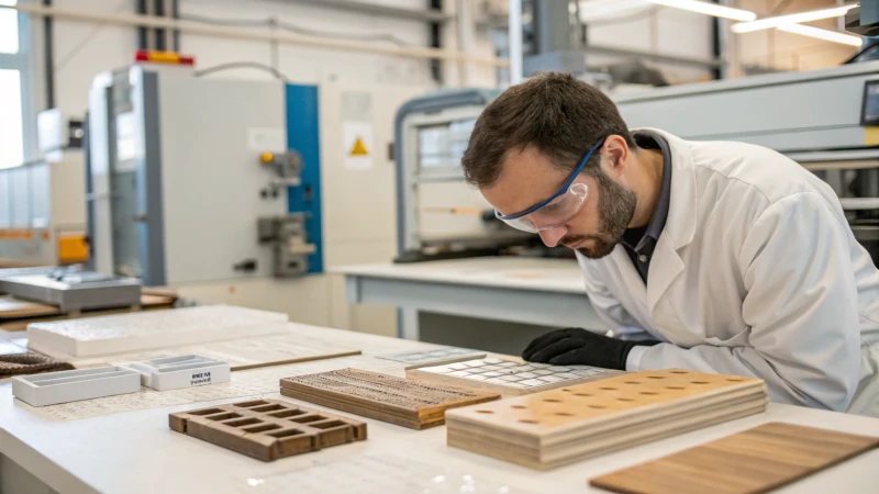 Engineer examining material samples on a workshop table