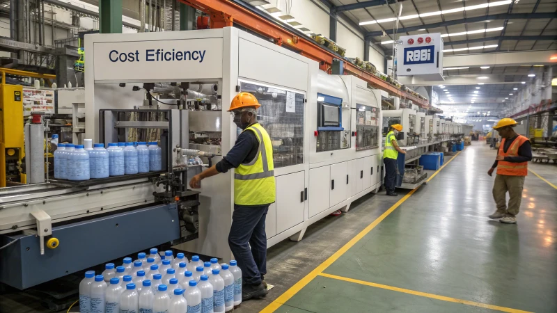 A bustling factory interior with two production lines for blow molding and press molding