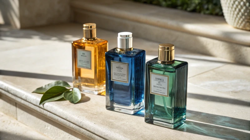 An elegant arrangement of colorful fragrance bottles on a textured surface