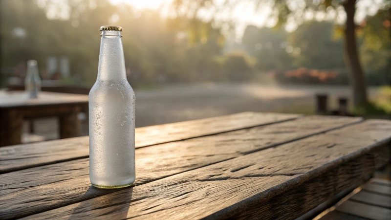 A frosted glass bottle on a weathered wooden table