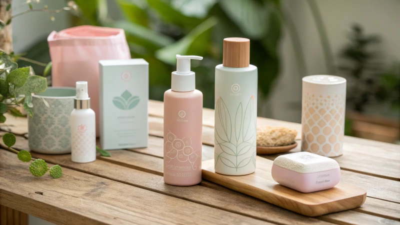 Futuristic cosmetic packaging designs on a wooden surface