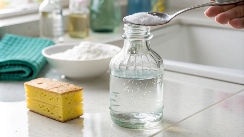 A glass bottle with vinegar and baking soda reaction on a kitchen countertop