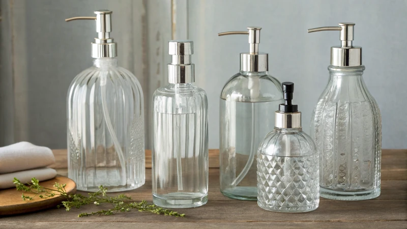 A collection of various shaped glass bottles for cosmetics on a neutral background