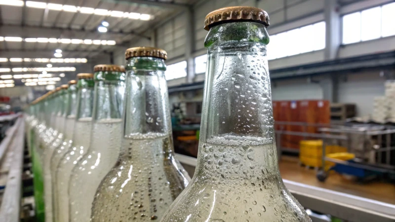 Close-up of glass bottles with defects in a factory setting