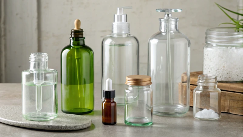 A collection of various glass containers used for cosmetics on a neutral background.