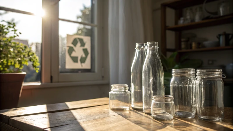 A collection of clear glass containers arranged on a wooden table with sunlight reflections